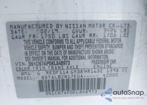 2019 Nissan Versa 1.6 Sv z USA, uszkodzony, nr VIN 3N1CN7AP0KL848973